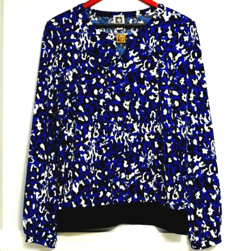 Anne Klein Blue Animal Print Long Sleeve Blouse